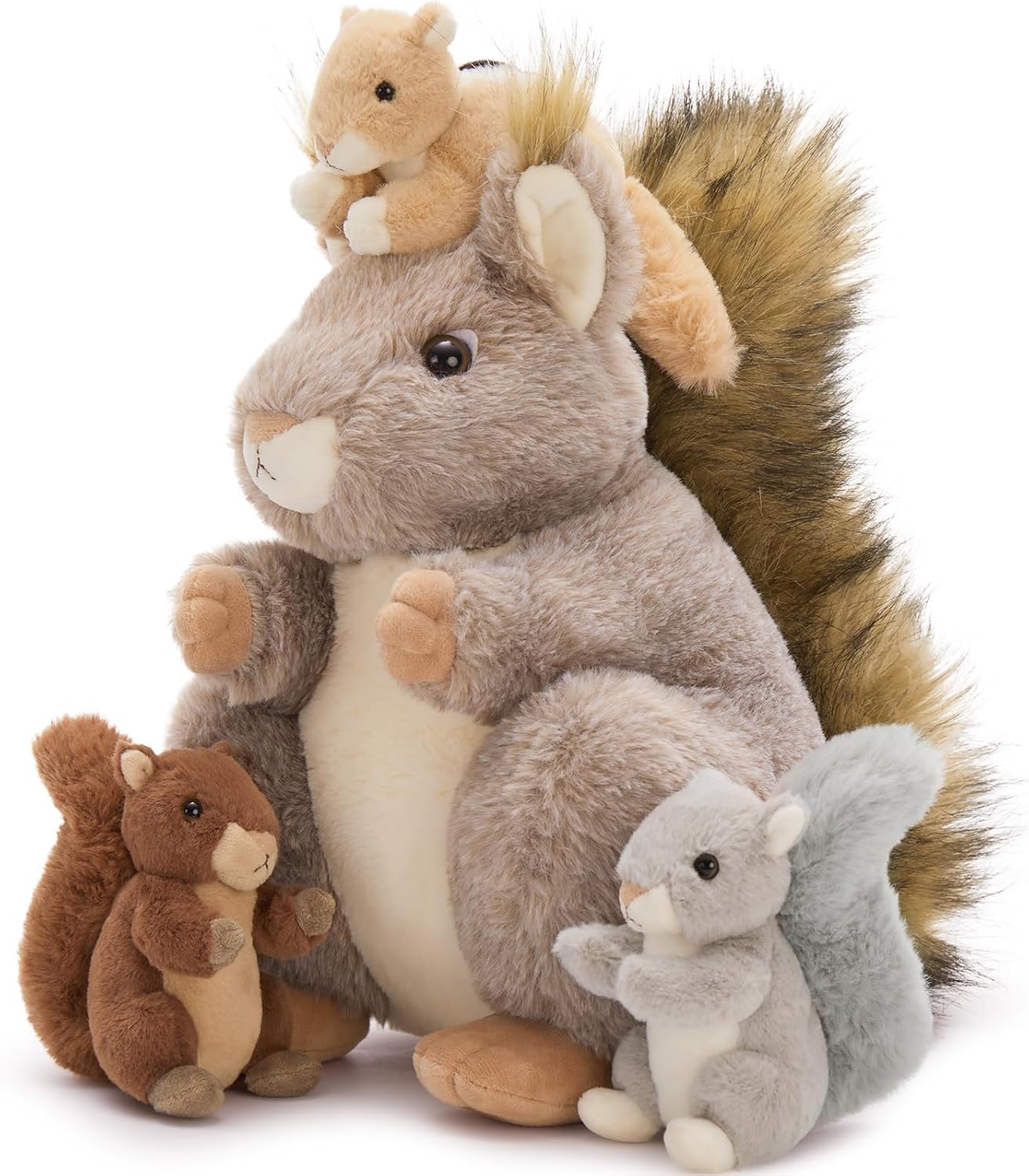 MaoGoLan 4Pcs Squirrels Stuffed Animal, Realistic Squirrel Plush Toys with 3 Baby Squirrels for Small Hand, Adorable Stuffed Squirrels Gift for Forest Animal Lover,Girls,Boys,Kids,Baby Shower